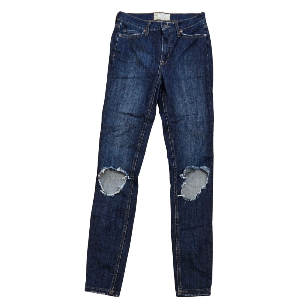 Free People‎ High Rise Distressed Skinny Jeans Dark Wash Size 26